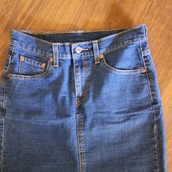 Rare Vtg 90s Red Tab Levis Hi Waist Darker Wash Denim Jean Midi Slit Skirt Xs/Sm - Picture 7 of 8